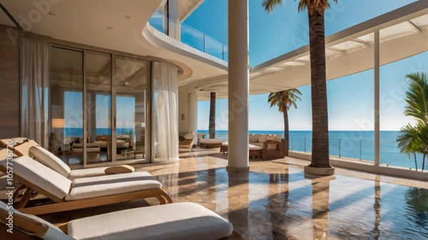 Obraz Luxurious modern hotel apartment architecture with transparent windows and terrace or balcony. Expensive holiday travel resort, palms, beach and sea are seen outdoors. Tourism villa accommodation
