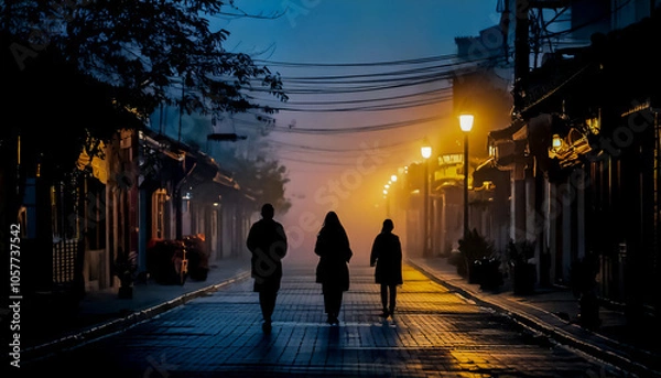 Fototapeta Silhouettes of people walking along a dark street of an evening city in the fog between modern buildings with illuminated windows