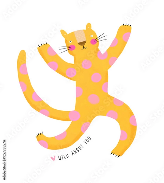 Fototapeta Happy Leopard with Pink Dots. Wild About You. Funny Hand Drawn Valentine's Day Card with Cute Dancing Leopard on a White Background. Wild Yellow Cat with Pink Dots On Its Fur. Wild Thing Print. 