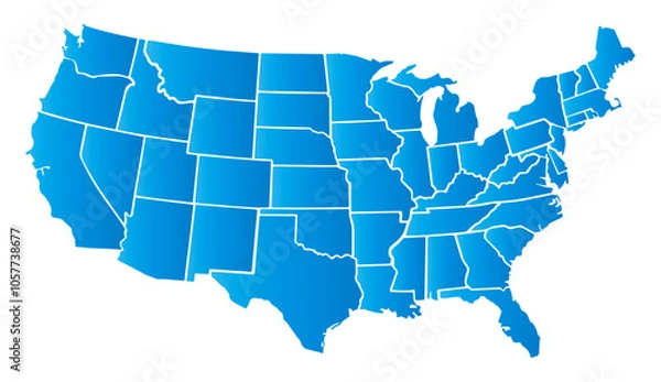 Fototapeta USA map in blue, isolated on transparent or white background. Editable and detailed map of the United States with outlined administrative divisions. Vector illustration.