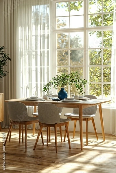 Fototapeta Elegant dining room featuring modern wooden furniture with natural light pouring through large windows, creating a serene and inviting atmosphere.
