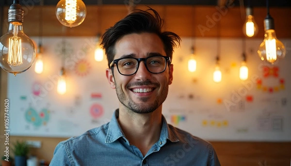 Obraz a man wearing glasses and a shirt with a light bulb hanging from the ceiling.