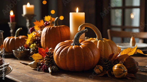 Obraz A festive Thanksgiving centerpiece featuring pumpkins, corn, candles, and autumn leaves on a wooden dining table
