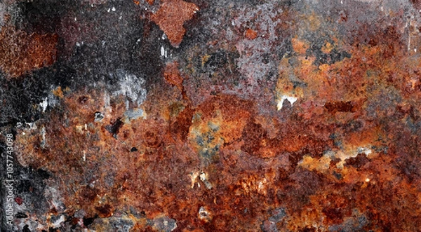 Fototapeta Backdrop of rusty surface of dark, brown, and orange hues. Detailed grunge rusted metal texture. Close-up of rust patterns, aged iron, scratched, worn, distressed areas, decay, corrosion details