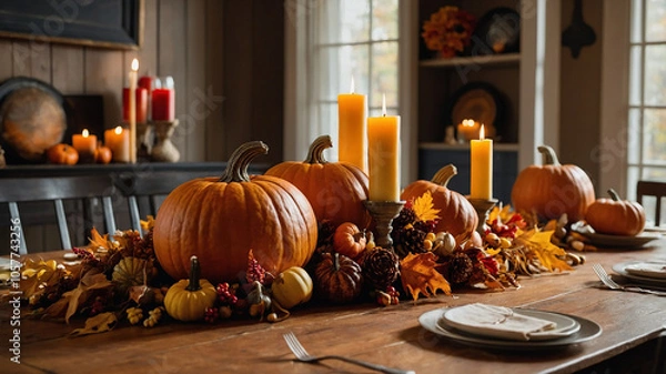 Obraz A festive Thanksgiving centerpiece featuring pumpkins, corn, candles, and autumn leaves on a wooden dining table