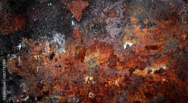 Fototapeta Backdrop of rusty surface of dark, brown, and orange hues. Detailed grunge rusted metal texture. Close-up of rust patterns, aged iron, scratched, worn, distressed areas, decay, corrosion details
