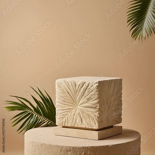 Obraz A beige stone product display.
