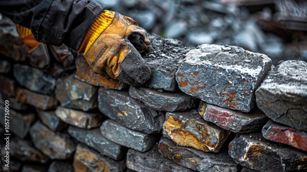Fototapeta A bricklayer constructs a stone wall using wood, metal tools, and building materials 