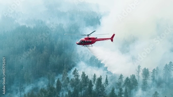 Fototapeta A red helicopter battles a forest fire, spraying water over smoke-filled trees in a dramatic scene of firefighting in nature.