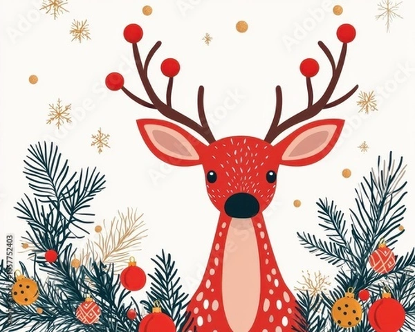 Fototapeta Festive deer, with ornaments, isolated on white, flat design illustration