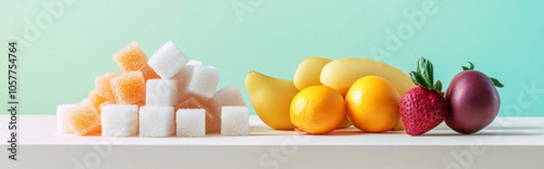 Fototapeta Stack of sugar cubes with different fruits on colorful background, concept of fructose harm for health
