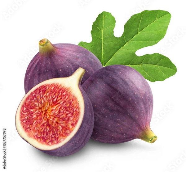 Fototapeta Ripe fig and half of fig with leaf isolated on transparent background