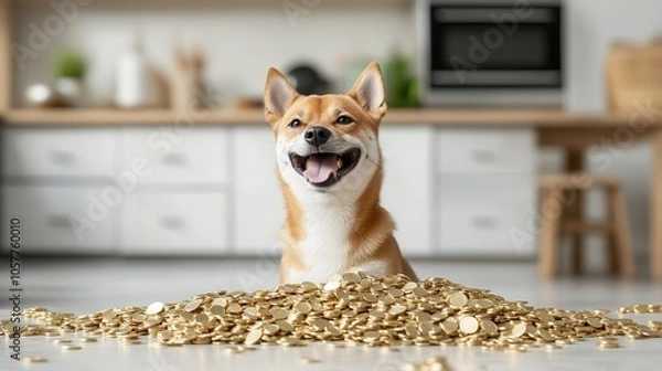 Fototapeta Shiba Inu surrounded by piles of gold coins, joyful expression, symbol of luck