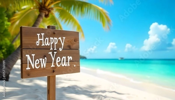 Fototapeta Wooden "Happy New Year" sign on tropical beach, surrounded by bright blue sky and ocean.