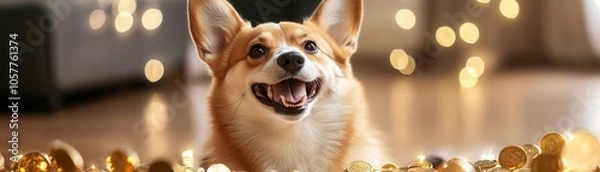 Fototapeta Shiba Inu with coins sparkling around, proud and joyful, treasure concept