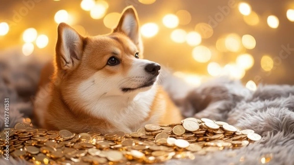 Fototapeta Shiba Inu with coins piled around, soft light and sparkling coins, luxury vibe