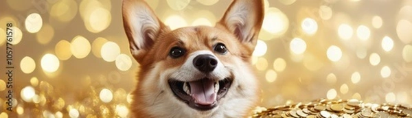 Fototapeta Shiba Inu with coins sparkling around, proud and joyful, treasure concept