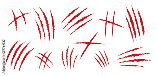 Fototapeta Set of red claws scratches animals. Four scratches shape. Wild animal claw marks. Funny design element