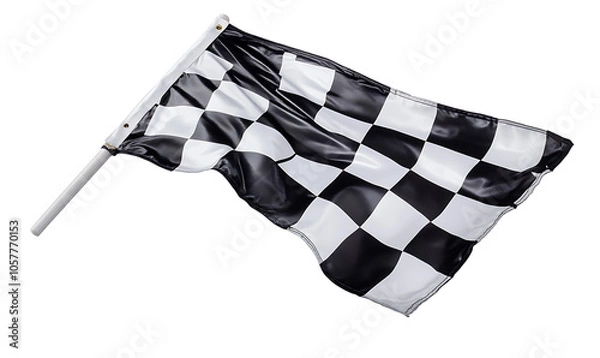 Fototapeta Classic black and white checkered flag isolated on a white background, symbolizing the finish line and end of a race.
