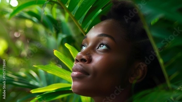 Fototapeta Peaceful black woman with a serene expression enjoys the tranquility of a lush green tropical environment