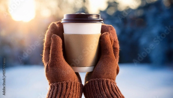 Obraz coffee in a paper cup in hands in gloves winter