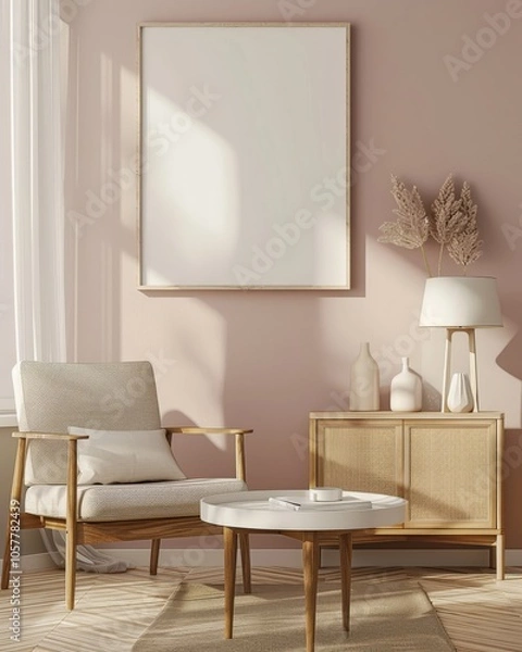 Fototapeta A cozy living room interior with a large framed poster hanging on a pale pink wall. a wooden armchair. a round coffee table. and a cabinet with a lamp