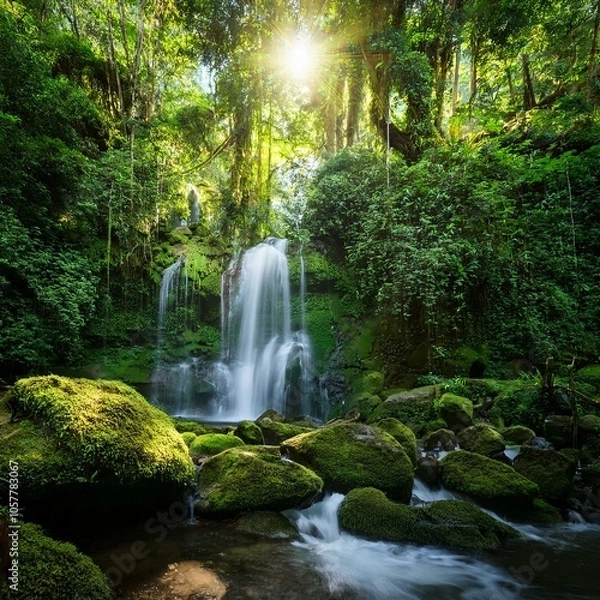 Fototapeta a lush green rainforest with a waterfall cascading down moss covered rocks sunlight filtering through the dense canopy