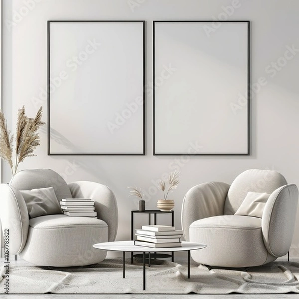 Fototapeta Minimalist living room interior with two white armchairs. a coffee table. and two empty frames on the wall