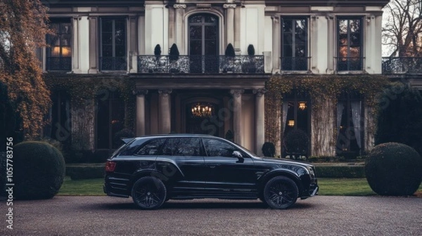 Fototapeta Black SUV parked in front of a large, elegant mansion.