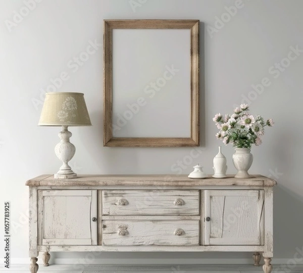 Fototapeta A white distressed wooden console table with two drawers and two doors. a lamp with a patterned lampshade. a framed mirror. and a vase of flowers on top