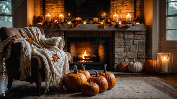 Obraz A cozy autumn living room with a roaring fireplace, decorated with pumpkins, dried leaves, and pinecones. Soft lighting casts a warm glow, with wool blankets draped over a plush armchair, creating an 