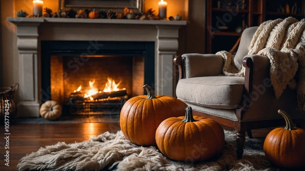 Obraz A cozy autumn living room with a roaring fireplace, decorated with pumpkins, dried leaves, and pinecones. Soft lighting casts a warm glow, with wool blankets draped over a plush armchair, creating an 