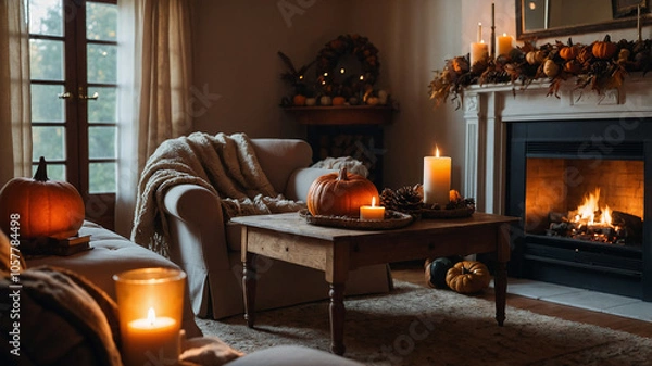 Obraz A cozy autumn living room with a roaring fireplace, decorated with pumpkins, dried leaves, and pinecones. Soft lighting casts a warm glow, with wool blankets draped over a plush armchair, creating an 