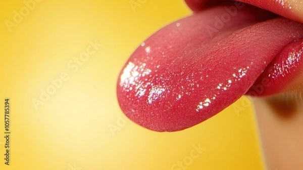 Fototapeta A close-up view of a healthy tongue glistening under bright light against a vibrant yellow background