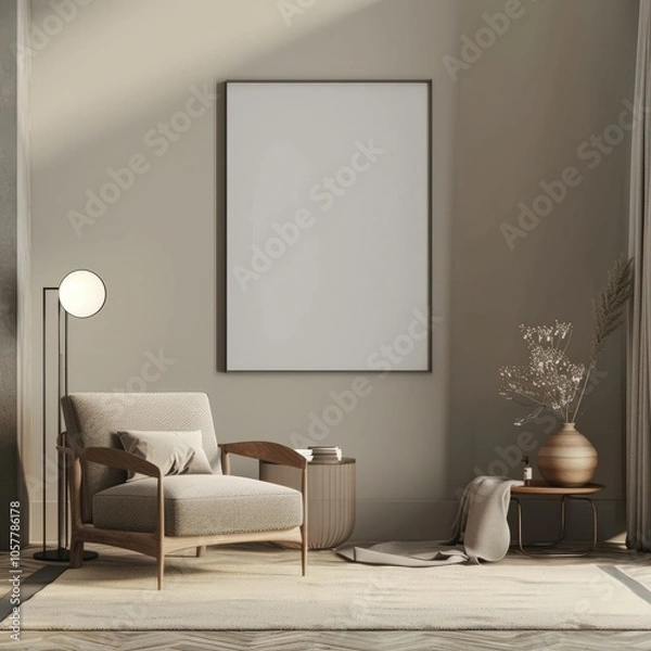 Fototapeta A cozy living room with a comfortable armchair. a floor lamp. a coffee table. a vase with dried flowers. and a blank canvas