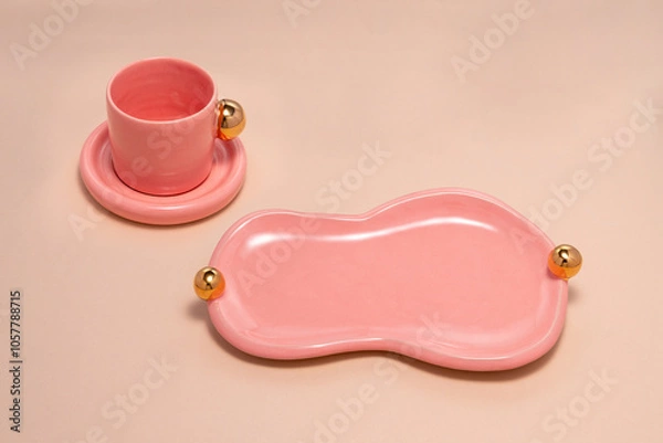 Fototapeta pink porcelain, with a gold handle