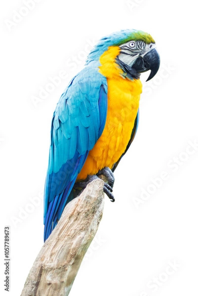 Fototapeta Blue-and-yellow macaw (Ara ararauna) with a large curved black beak, perched, isolated on a transparent background.