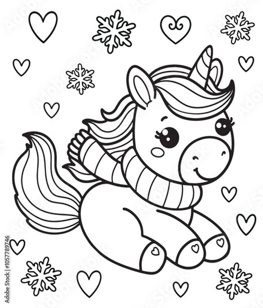 Obraz Cute unicorn coloring book, Simple elements, heart,  snowflakes. coloring pages, unicorn in a scarf