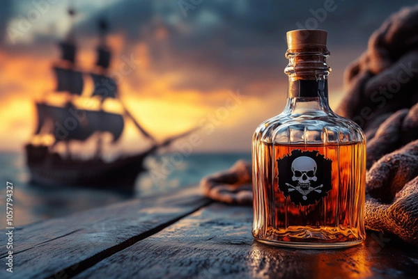 Fototapeta A bottle of rum with a human skull on a old wooden table on pirate ship at sea background.