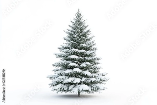 Fototapeta Snow covered Christmas tree isolated on white background.