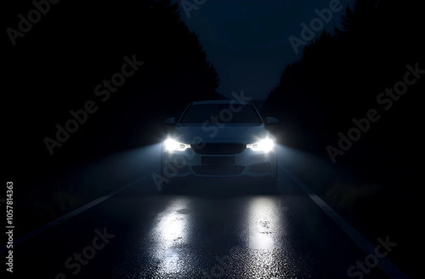Obraz car with its headlights on in the dark