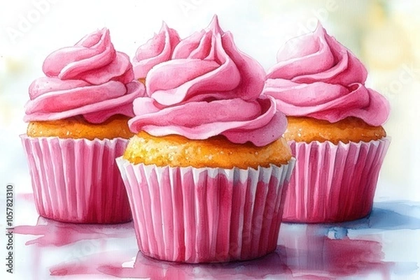 Fototapeta Three delicious cupcakes with pink frosting on a colorful background.