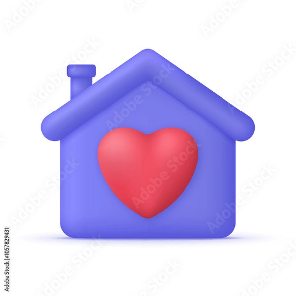 Obraz 3D House icon with heart isolated on white background. Stay at home. Love symbol.