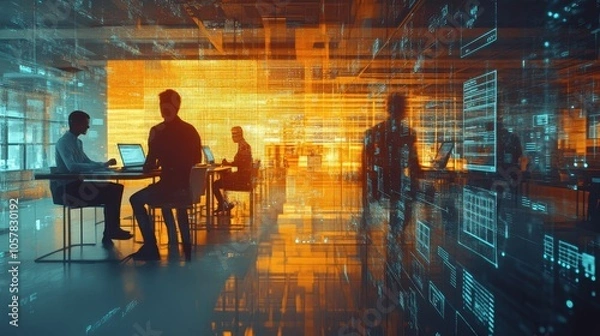 Fototapeta Futuristic Office Space with Silhouetted Figures and Glowing Digital Displays