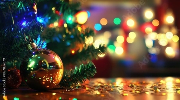 Fototapeta Festive Christmas Decorations with Vibrant Lights and Ornaments