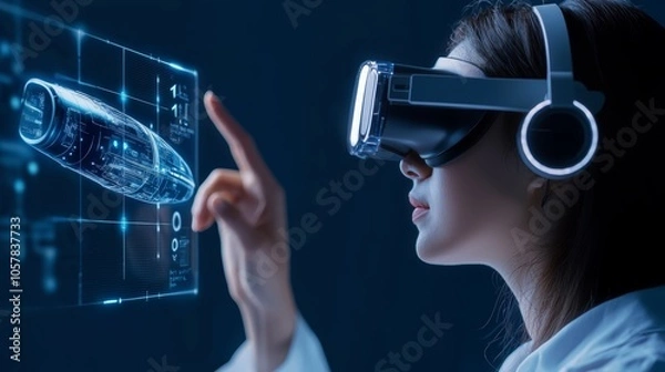 Fototapeta A VFX professional wearing a headset, reviewing a 3D animation of a spaceship on a curved digital screen, with holographic controls visible.