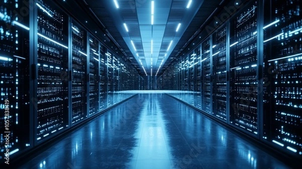 Fototapeta A long hallway in a data center contains many servers