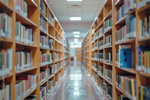 Fototapeta Blurry school library background with books on shelves for education.
