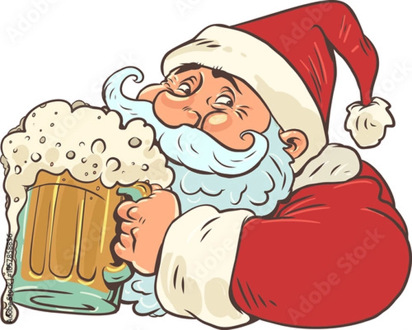 Fototapeta Santa Claus holding a glass of foamy ale. Coming New Year in bars and restaurants. Delivery of delicious for Christmas and holidays.