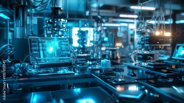 Fototapeta A quantum computing lab with futuristic computers, cables and cooling systems, demonstrating the complex and revolutionary potential of quantum technology to solve advanced problems.